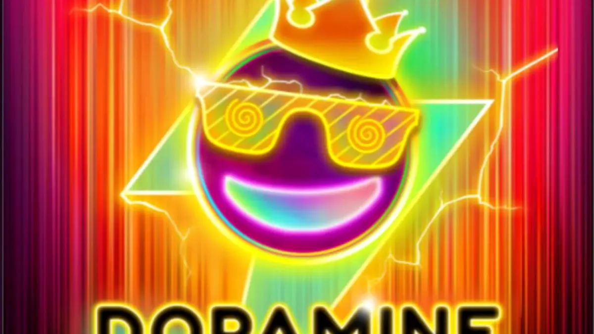 Tampilan visual neon yang memukau dari slot Dopamine Rush Dice dengan elemen retro arcade.