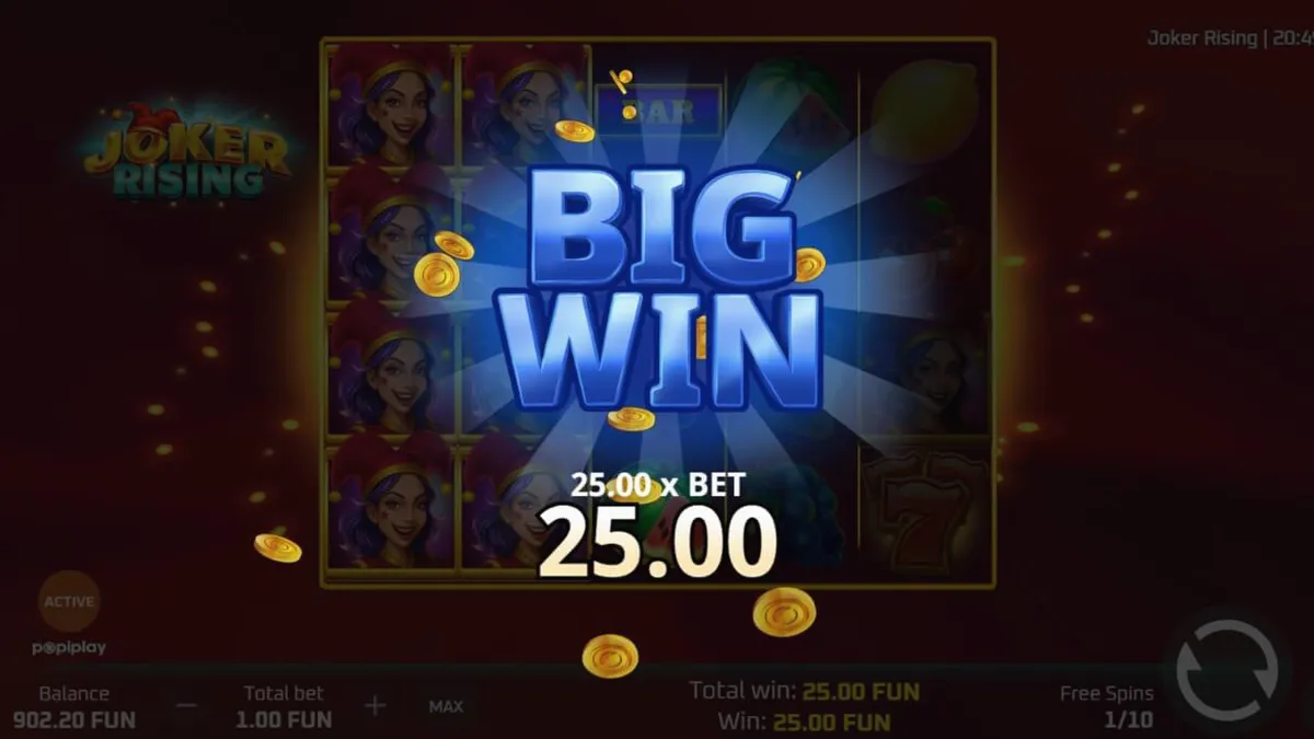Tampilan visual slot Joker Rising dengan simbol buah neon dan karakter Joker