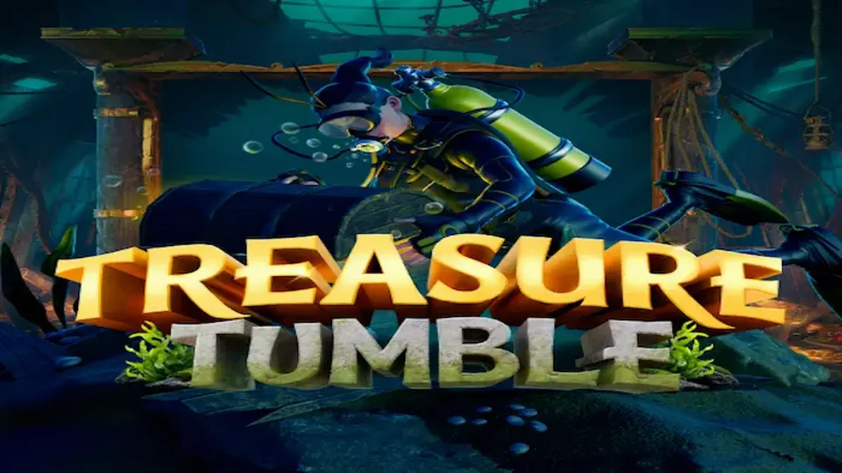 Tangkapan layar permainan slot Treasure Tumble dengan tema bawah laut yang gelap, menampilkan simbol-simbol harta karun dan mekanisme kisi 8x8.